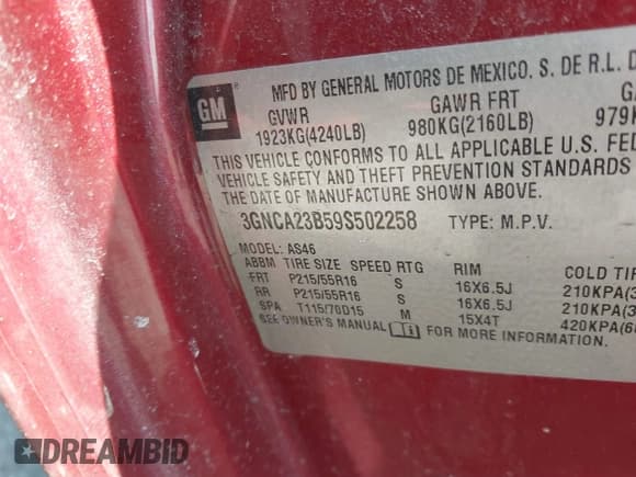 ✅ 2009 Chevrolet HHR 1LT • VIN: 3GNCA23B59S502258 • Lot: 41697857. Listed on IAAI with 198,496 mi. Free auction sales archive from the USA and detailed vehicle history report at DreamBid. Image 9.