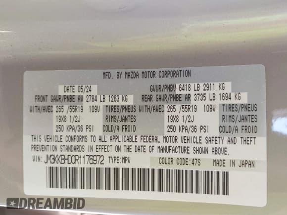 ✅ 2024 Mazda CX-90 Preferred • VIN: JM3KKBHD0R1176972 • Лот: 43607520. Опубликован ранее на IAAI с пробегом 11 511 миль. Бесплатный доступ к архиву аукционных продаж из США и подробный отчёт об истории автомобиля на DreamBid. Изображение 9.