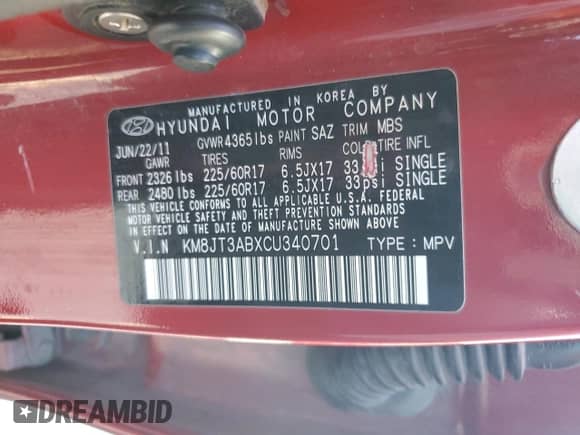 2012 Hyundai Tucson GL z VIN KM8JT3ABXCU340701, wystawiony jako Copart lot #85144885 z przebiegiem 147 376 mil mil oraz Szkoda całkowita • Salvage title. Historia ofert i sprzedaży dostępna na DreamBid. Obrazek 14.