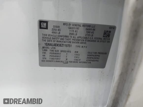 ✅ 2014 Chevrolet Equinox LS • VIN: 1GNALAEK5EZ119751 • Лот: 43367445. Опубликован ранее на IAAI с пробегом 128 000 миль. Бесплатный доступ к архиву аукционных продаж из США и подробный отчёт об истории автомобиля на DreamBid. Изображение 9.