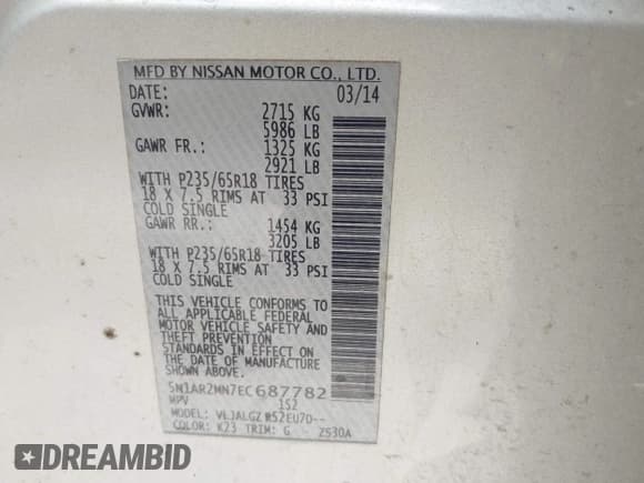 ✅ 2014 Nissan Pathfinder S • VIN: 5N1AR2MN7EC687782 • Lot: 42272724. Listed on IAAI with 174,159 mi. Free auction sales archive from the USA and detailed vehicle history report at DreamBid. Image 9.