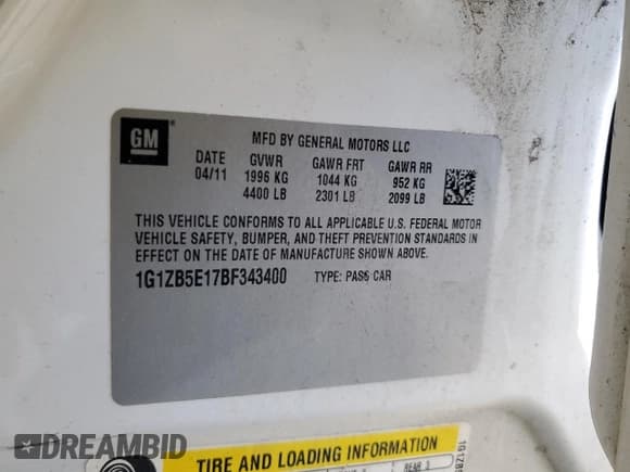 ✅ 2011 Chevrolet Malibu 1LS • VIN: 1G1ZB5E17BF343400 • Lot: 85091375. Wystawiony na Copart z przebiegiem 153 905 mil. Bezpłatny archiwum sprzedaży aukcyjnych z USA i szczegółowy raport historii pojazdu na DreamBid. Zdjęcie 12.