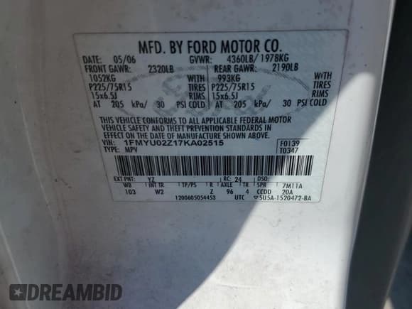 ✅ 2007 Ford Escape XLS • VIN: 1FMYU02Z17KA02515 • Lot: 92854785. Listed on Copart with 165,836 mi. Free auction sales archive from the USA and detailed vehicle history report at DreamBid. Image 12.