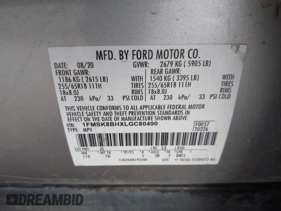 ✅ 2020 Ford Explorer • VIN: 1FMSK8BHXLGC80490 • Lot: 42629593. Listed on IAAI with 56,703 mi. Free auction sales archive from the USA and detailed vehicle history report at DreamBid. Image 9.