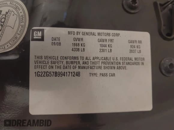 ✅ 2009 Pontiac G6 1SA • VIN: 1G2ZG57B994171248 • Lot: 42335463. Listed on IAAI with 169,611 mi. Free auction sales archive from the USA and detailed vehicle history report at DreamBid. Image 9.