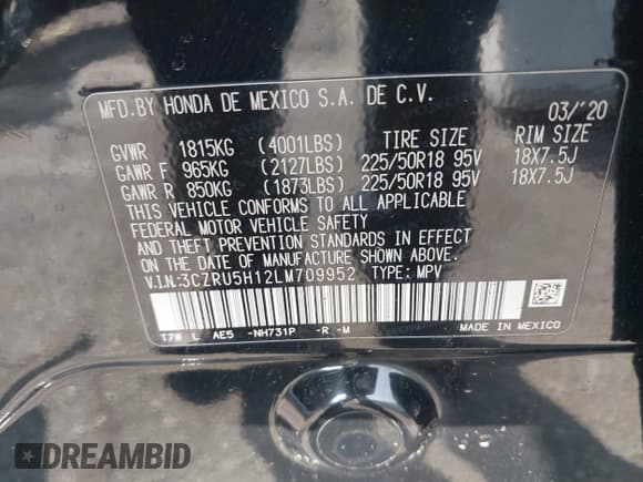 ✅ 2020 Honda HR-V Sport • VIN: 3CZRU5H12LM709952 • Лот: 43599454. Опубликован ранее на IAAI с пробегом 63 615 миль. Бесплатный доступ к архиву аукционных продаж из США и подробный отчёт об истории автомобиля на DreamBid. Изображение 9.