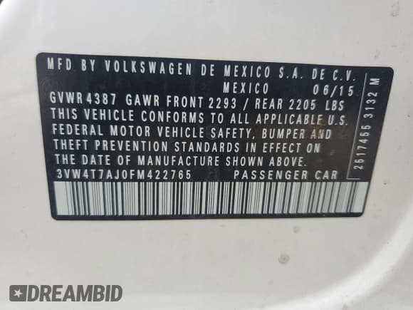 ✅ 2015 Volkswagen Jetta GLI SE • VIN: 3VW4T7AJ0FM422765 • Lot: 58864385. Listed on Copart with 120,151 mi. Free auction sales archive from the USA and detailed vehicle history report at DreamBid. Image 13.