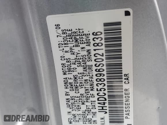 ✅ 2006 Acura RSX • VIN: JH4DC53896S021836 • Lot: 69376165. Listed on Copart with 131,627 mi. Free auction sales archive from the USA and detailed vehicle history report at DreamBid. Image 12.