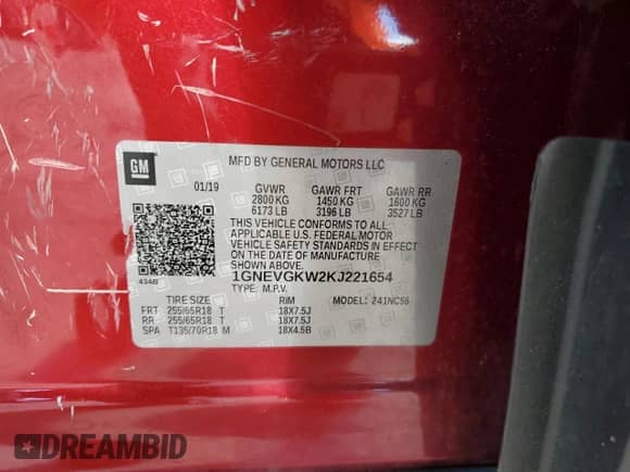 2019 Chevrolet Traverse LT Cloth with VIN 1GNEVGKW2KJ221654, listed as a Copart auction lot 87098395 with 109,780 mi miles and Salvage title. Bid and sale history available at DreamBid. Image 13.