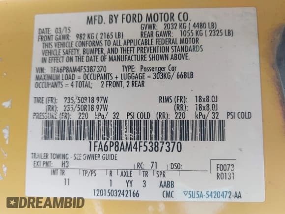 ✅ 2015 Ford Mustang V6 • VIN: 1FA6P8AM4F5387370 • Lot: 42962309. Listed on IAAI with 126,687 mi. Free auction sales archive from the USA and detailed vehicle history report at DreamBid. Image 9.