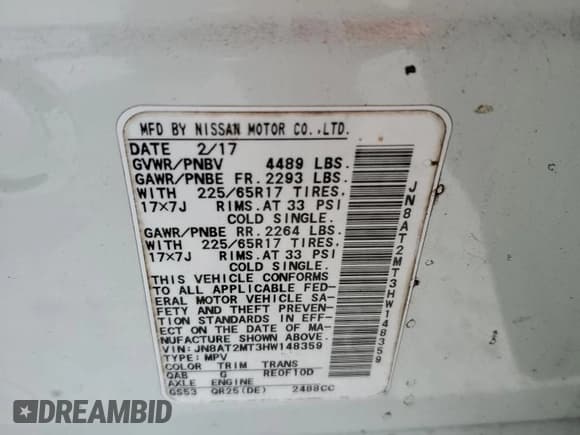 ✅ 2017 Nissan Rogue S • VIN: JN8AT2MT3HW148359 • Lot: 66885005. Listed on Copart with 96,683 mi. Free auction sales archive from the USA and detailed vehicle history report at DreamBid. Image 13.