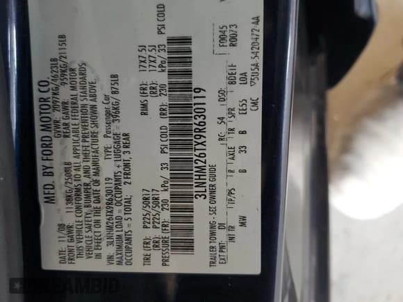 ✅ 2009 Lincoln MKZ • VIN: 3LNHM26TX9R630119 • Lot: 84251905. Wystawiony na Copart z przebiegiem 102 160 mil. Bezpłatny archiwum sprzedaży aukcyjnych z USA i szczegółowy raport historii pojazdu na DreamBid. Zdjęcie 12.