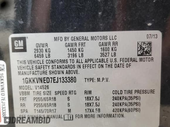 ✅ 2014 GMC Acadia SLE • VIN: 1GKKVNED7EJ133380 • Лот: 83765115. Опубликован ранее на Copart с пробегом 129 018 миль. Бесплатный доступ к архиву аукционных продаж из США и подробный отчёт об истории автомобиля на DreamBid. Изображение 12.