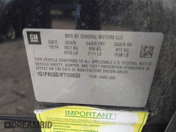 2015 Chevrolet Cruze LS z VIN 1G1PA5SG1F7150629, wystawiony jako IAAI lot #43615286 z przebiegiem 83 703 mil mil oraz . Historia ofert i sprzedaży dostępna na DreamBid. Obrazek 9.