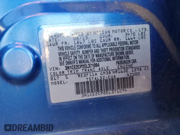 ✅ 2014 Nissan Note SV • VIN: 3N1CE2CP2EL371094 • Lot: 89661165. Listed on Copart with 111,665 mi. Free auction sales archive from the USA and detailed vehicle history report at DreamBid. Image 12.