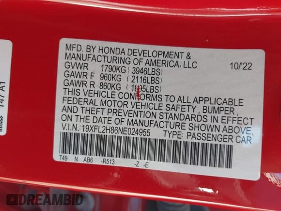 ✅ 2022 Honda Civic Sport • VIN: 19XFL2H86NE024955 • Лот: 43480441. Опубликован ранее на IAAI с пробегом Не указан. Бесплатный доступ к архиву аукционных продаж из США и подробный отчёт об истории автомобиля на DreamBid. Изображение 9.