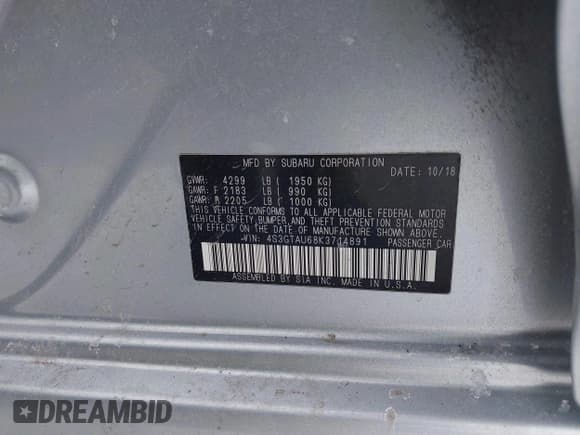 ✅ 2019 Subaru Impreza Limited • VIN: 4S3GTAU68K3714891 • Lot: 41460101. Listed on IAAI with 60,109 mi. Free auction sales archive from the USA and detailed vehicle history report at DreamBid. Image 9.