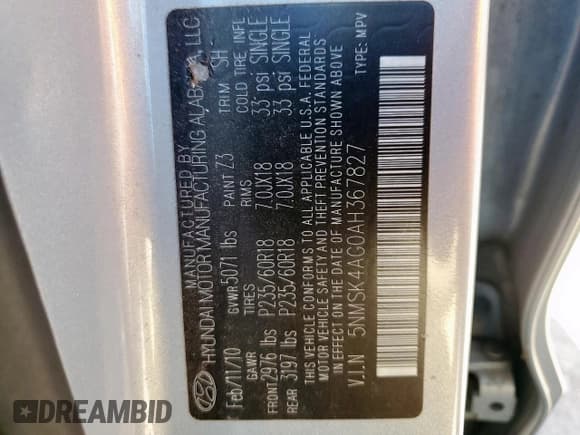 ✅ 2010 Hyundai Santa Fe Limited • VIN: 5NMSK4AG0AH367827 • Lot: 91270605. Listed on Copart with 74,385 mi. Free auction sales archive from the USA and detailed vehicle history report at DreamBid. Image 12.