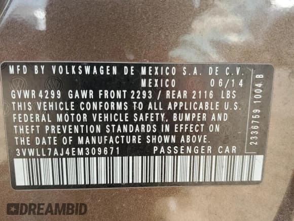 ✅ 2014 Volkswagen Jetta TDI w/Premium/Nav • VIN: 3VWLL7AJ4EM309671 • Lot: 53922295. Listed on Copart with 224,587 mi. Free auction sales archive from the USA and detailed vehicle history report at DreamBid. Image 12.