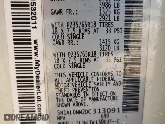 ✅ 2013 Infiniti JX35 • VIN: 5N1AL0MM2DC313091 • Лот: 92405365. Опубликован ранее на Copart с пробегом 170 059 миль. Бесплатный доступ к архиву аукционных продаж из США и подробный отчёт об истории автомобиля на DreamBid. Изображение 13.