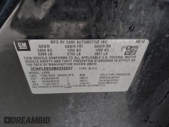 ✅ 2011 Chevrolet Equinox 1LT • VIN: 2CNFLEE58B6220687 • Лот: 43475596. Опубликован ранее на IAAI с пробегом 169 582 миль. Бесплатный доступ к архиву аукционных продаж из США и подробный отчёт об истории автомобиля на DreamBid. Изображение 9.