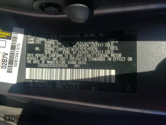 2005 Toyota Sienna LE с VIN 5TDZA23CX5S297630, выставлен на аукционе Copart как лот 89806975 с пробегом 188 549 миль миль и Списание • Salvage title. История ставок и продаж доступна на DreamBid. Изображение 13.