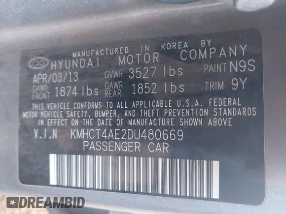 2013 Hyundai Accent GLS with VIN KMHCT4AE2DU480669, listed as a IAAI auction lot 43495464 with 111,139 mi miles and . Bid and sale history available at DreamBid. Image 9.