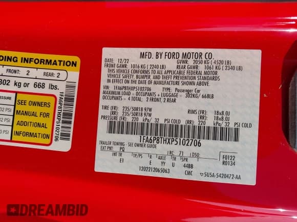 ✅ 2023 Ford Mustang EcoBoost • VIN: 1FA6P8THXP5102706 • Lot: 43188287. Wystawiony na IAAI z przebiegiem 25 141 mil. Bezpłatny archiwum sprzedaży aukcyjnych z USA i szczegółowy raport historii pojazdu na DreamBid. Zdjęcie 9.