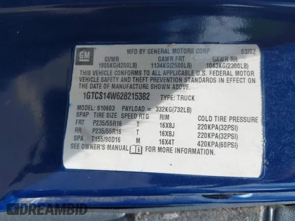 ✅ 2002 GMC Sonoma SLS • VIN: 1GTCS14W628215382 • Lot: 42824342. Listed on IAAI with 283,410 mi. Free auction sales archive from the USA and detailed vehicle history report at DreamBid. Image 9.