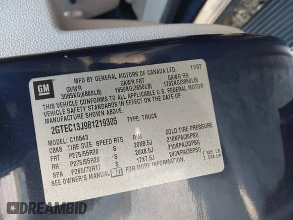 2008 GMC Sierra 1500 SLE1 with VIN 2GTEC13J981219305, listed as a IAAI auction lot 43130648 with 206,434 mi miles and . Bid and sale history available at DreamBid. Image 9.