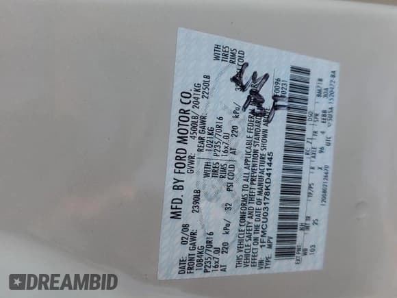 ✅ 2008 Ford Escape XLT • VIN: 1FMCU03178KD41445 • Lot: 60717105. Listed on Copart with 96,665 mi. Free auction sales archive from the USA and detailed vehicle history report at DreamBid. Image 12.