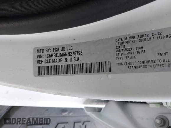 ✅ 2022 Ram 1500 Laramie • VIN: 1C6RREJM5NN276798 • Lot: 43688940. Listed on IAAI with 64,582 mi. Free auction sales archive from the USA and detailed vehicle history report at DreamBid. Image 9.