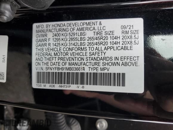 ✅ 2021 Honda Passport Touring • VIN: 5FNYF8H91MB036614 • Lot: 60569235. Listed on Copart with 27,565 mi. Free auction sales archive from the USA and detailed vehicle history report at DreamBid. Image 14.