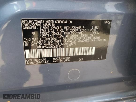 ✅ 2007 Toyota RAV4 • VIN: JTMBD35VX75063140 • Lot: 92507765. Listed on Copart with 144,692 mi. Free auction sales archive from the USA and detailed vehicle history report at DreamBid. Image 13.