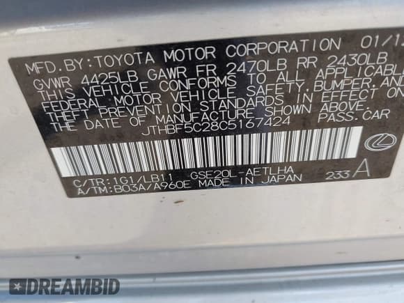 ✅ 2012 Lexus IS 250 • VIN: JTHBF5C28C5167424 • Lot: 43466152. Wystawiony na IAAI z przebiegiem 48 004 mil. Bezpłatny archiwum sprzedaży aukcyjnych z USA i szczegółowy raport historii pojazdu na DreamBid. Zdjęcie 9.