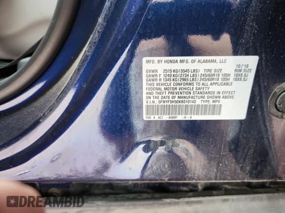 ✅ 2019 Honda Pilot EX-L • VIN: 5FNYF5H50KB010143 • Lot: 93414915. Listed on Copart with 124,310 mi. Free auction sales archive from the USA and detailed vehicle history report at DreamBid. Image 13.