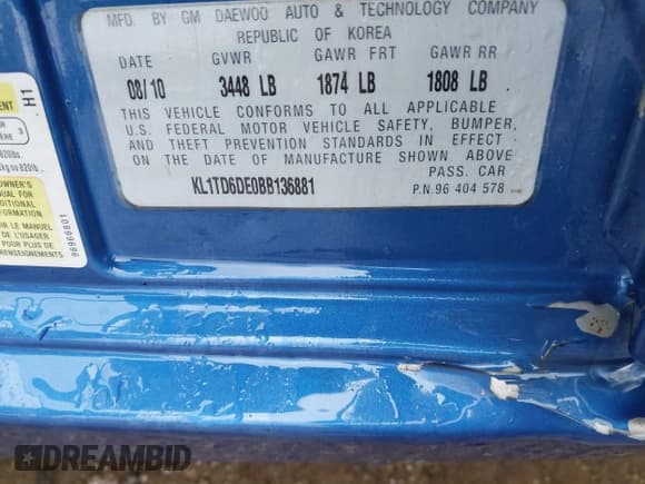 ✅ 2011 Chevrolet Aveo 1LT • VIN: KL1TD6DE0BB136881 • Lot: 41215249. Listed on IAAI with 176,369 mi. Free auction sales archive from the USA and detailed vehicle history report at DreamBid. Image 9.