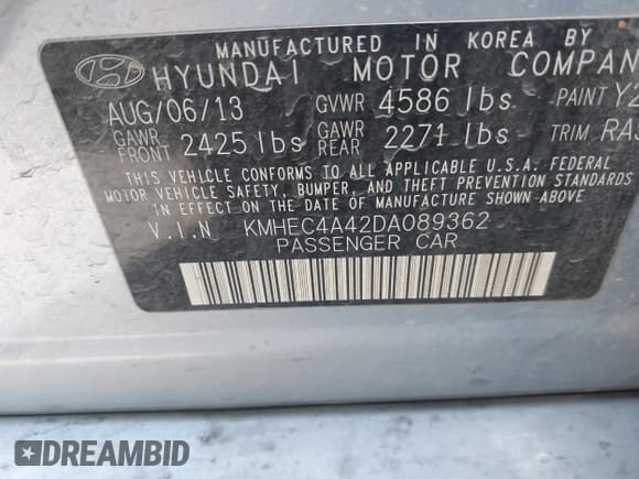 ✅ 2013 Hyundai Sonata • VIN: KMHEC4A42DA089362 • Lot: 43660714. Listed on IAAI with 137,241 mi. Free auction sales archive from the USA and detailed vehicle history report at DreamBid. Image 9.