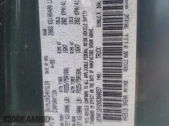 ✅ 1999 Dodge 1500 • VIN: 1B7HF16Y2XS300657 • Lot: 45932115. Listed on Copart with Not provided. Free auction sales archive from the USA and detailed vehicle history report at DreamBid. Image 12.