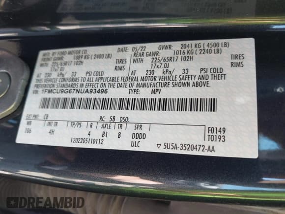 ✅ 2022 Ford Escape SE • VIN: 1FMCU9G67NUA93496 • Lot: 42248977. Listed on IAAI with 29,973 mi. Free auction sales archive from the USA and detailed vehicle history report at DreamBid. Image 9.