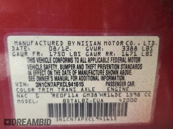 ✅ 2012 Nissan Versa SV • VIN: 3N1CN7APXCL941615 • Lot: 93283845. Listed on Copart with Not provided. Free auction sales archive from the USA and detailed vehicle history report at DreamBid. Image 12.