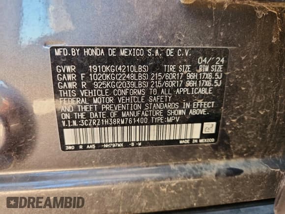 ✅ 2024 Honda HR-V LX • VIN: 3CZRZ1H38RM761400 • Lot: 86896385. Listed on Copart with 23,893 mi. Free auction sales archive from the USA and detailed vehicle history report at DreamBid. Image 12.