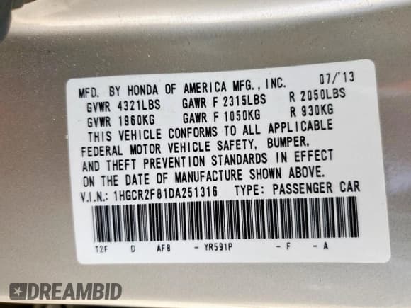 ✅ 2013 Honda Accord EX-L • VIN: 1HGCR2F81DA251316 • Lot: 92872975. Listed on Copart with 59,237 mi. Free auction sales archive from the USA and detailed vehicle history report at DreamBid. Image 12.
