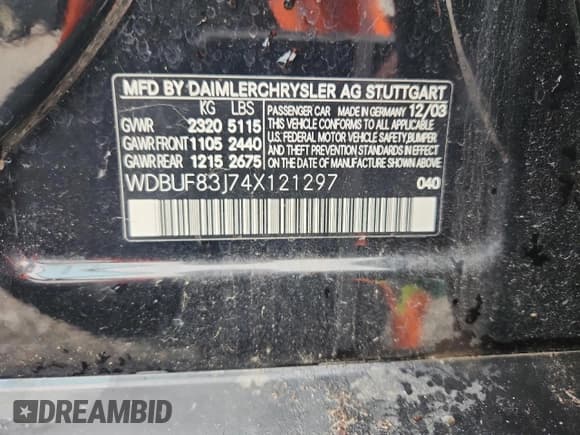 ✅ 2004 Mercedes-Benz E 500 • VIN: WDBUF83J74X121297 • Lot: 93391665. Listed on Copart with 123,717 mi. Free auction sales archive from the USA and detailed vehicle history report at DreamBid. Image 12.