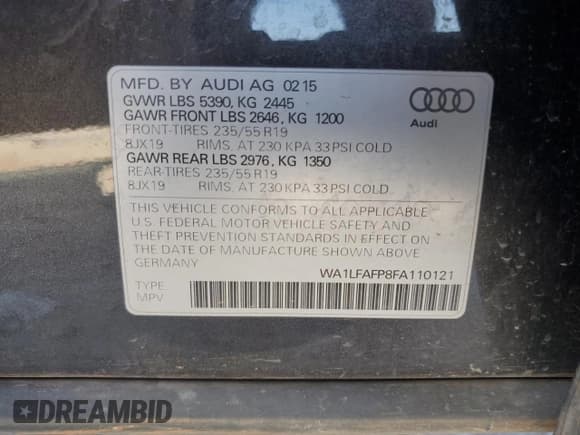 ✅ 2015 Audi Q5 Premium Plus • VIN: WA1LFAFP8FA110121 • Lot: 84965995. Listed on Copart with 102,814 mi. Free auction sales archive from the USA and detailed vehicle history report at DreamBid. Image 13.