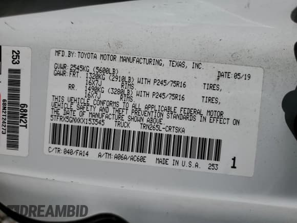 ✅ 2019 Toyota Tacoma SR • VIN: 5TFRX5GNXKX153545 • Lot: 86781075. Wystawiony na Copart z przebiegiem 66 964 mil. Bezpłatny archiwum sprzedaży aukcyjnych z USA i szczegółowy raport historii pojazdu na DreamBid. Zdjęcie 12.