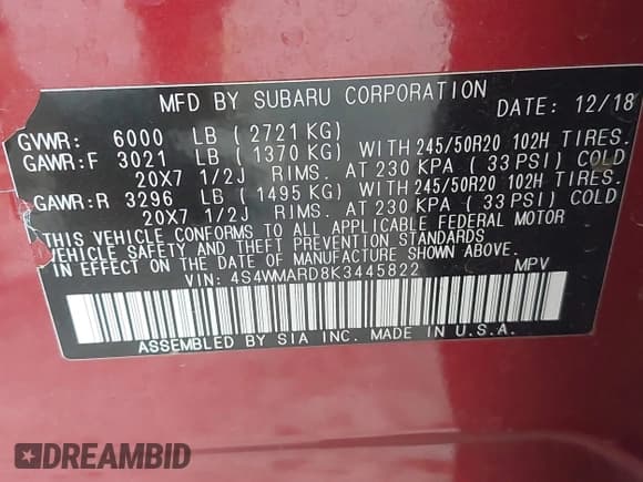 ✅ 2019 Subaru Ascent Touring • VIN: 4S4WMARD8K3445822 • Lot: 43137820. Listed on IAAI with 140,480 mi. Free auction sales archive from the USA and detailed vehicle history report at DreamBid. Image 9.