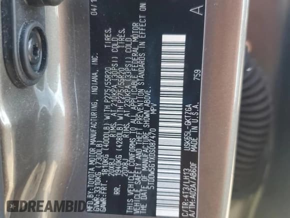 ✅ 2013 Toyota Sequoia Platinum • VIN: 5TDDW5G1XDS087470 • Лот: 85761635. Опубликован ранее на Copart с пробегом 167 846 миль. Бесплатный доступ к архиву аукционных продаж из США и подробный отчёт об истории автомобиля на DreamBid. Изображение 14.