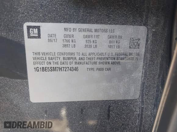 2017 Chevrolet Cruze LT with VIN 1G1BE5SM7H7274346, listed as a IAAI auction lot 43331345 with 112,128 mi miles and . Bid and sale history available at DreamBid. Image 9.