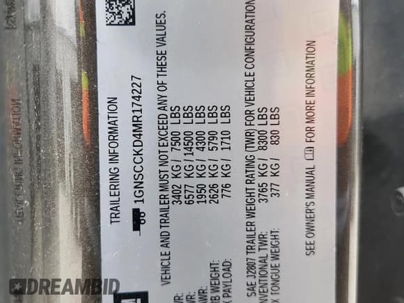 ✅ 2021 Chevrolet Suburban LT • VIN: 1GNSCCKD4MR174227 • Lot: 82164525. Listed on Copart with 99,717 mi. Free auction sales archive from the USA and detailed vehicle history report at DreamBid. Image 13.